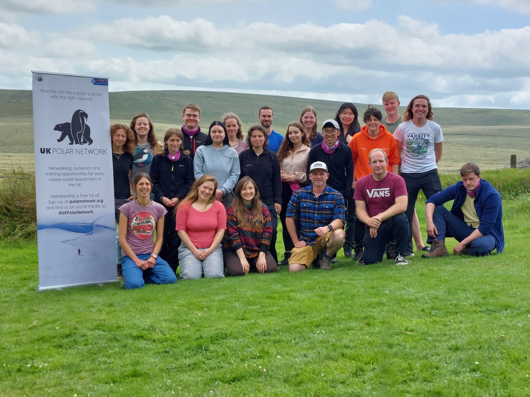 Course participants gathered on Dartmoor beside the UK Polar Network banner