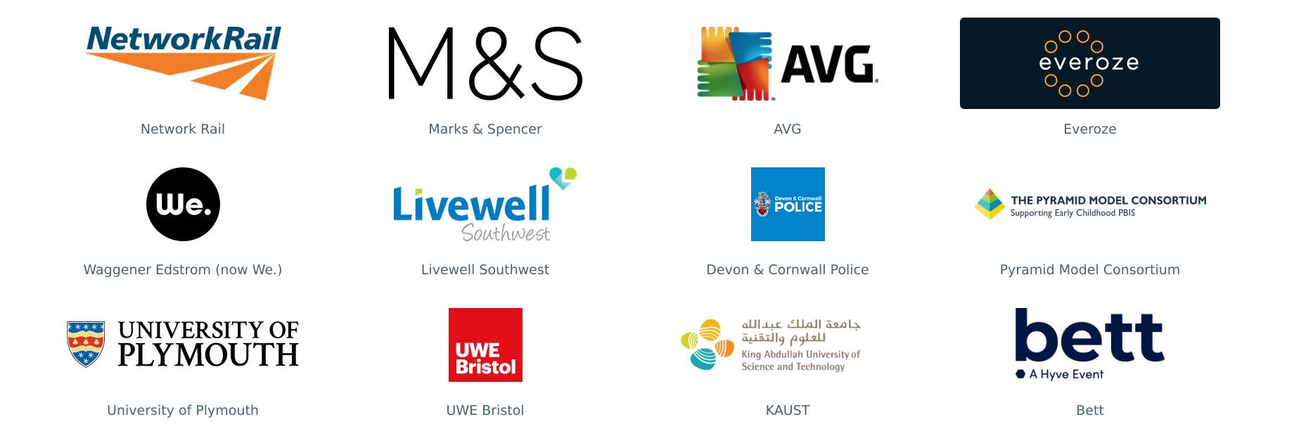 Organisations Antony has worked with: Network Rail, Marks & Spencer, AVG, Everoze, Waggener Edstrom, Livewell Southwest, Devon & Cornwall Police, Pyramid Model Consortium, University of Plymouth, UWE Bristol, KAUST and Bett